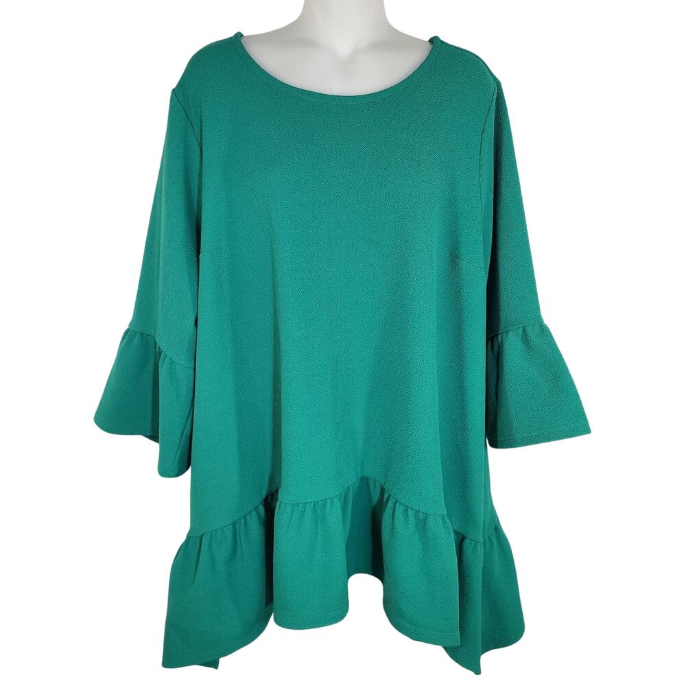 Lane Bryant Women’s Blouse 3/4 Bell Sleeve Green Ruffle Hem Textured Size 18/20